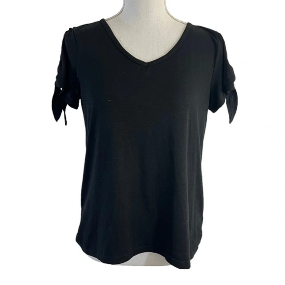 Jones New York Blouse Small Short Slit Sleeves with Ties V Neck Knit Top Plain - Picture 1 of 6